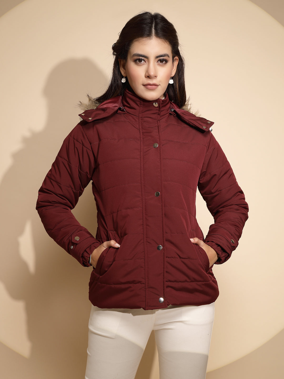 Women Maroon Solid Full Sleeve Regular fit Hooded Jacket - Global Republic