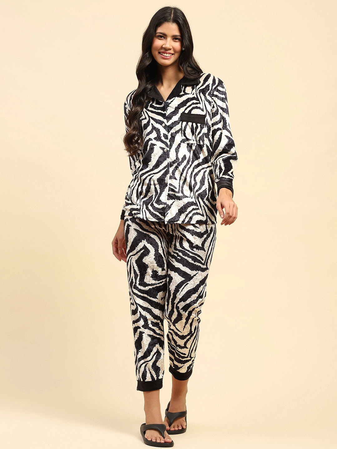 Black Zebra Print Relaxed Fit Night Suit - Global Republic
