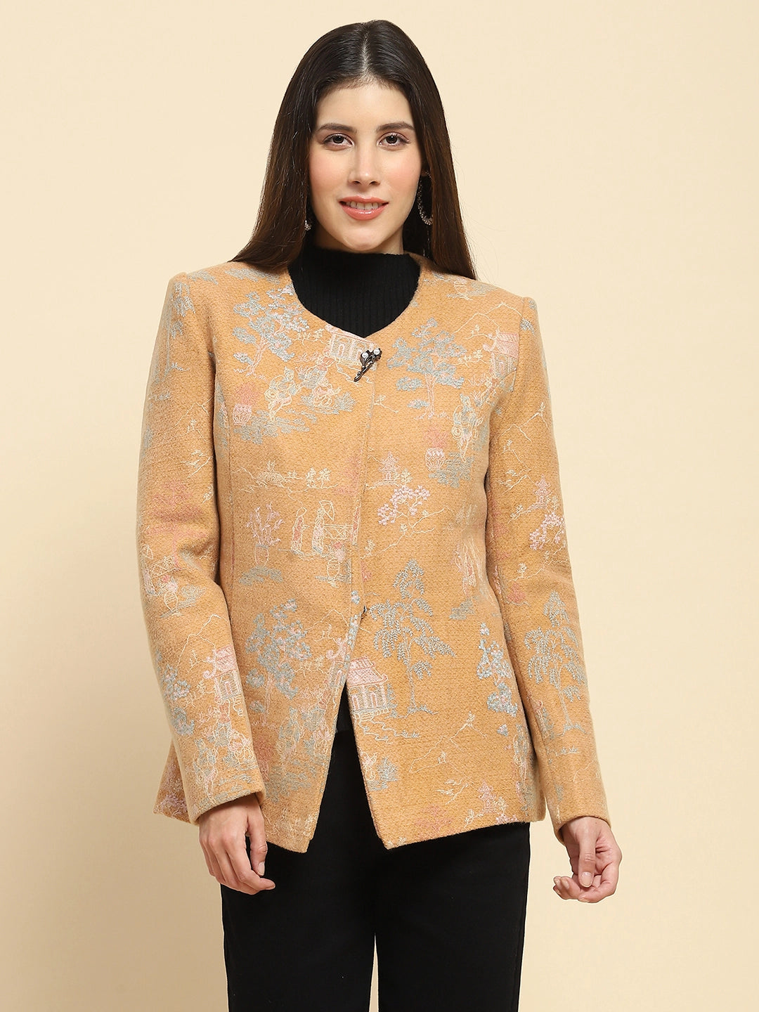Tan Acrylic Embroidered Winter Coat - Global Republic