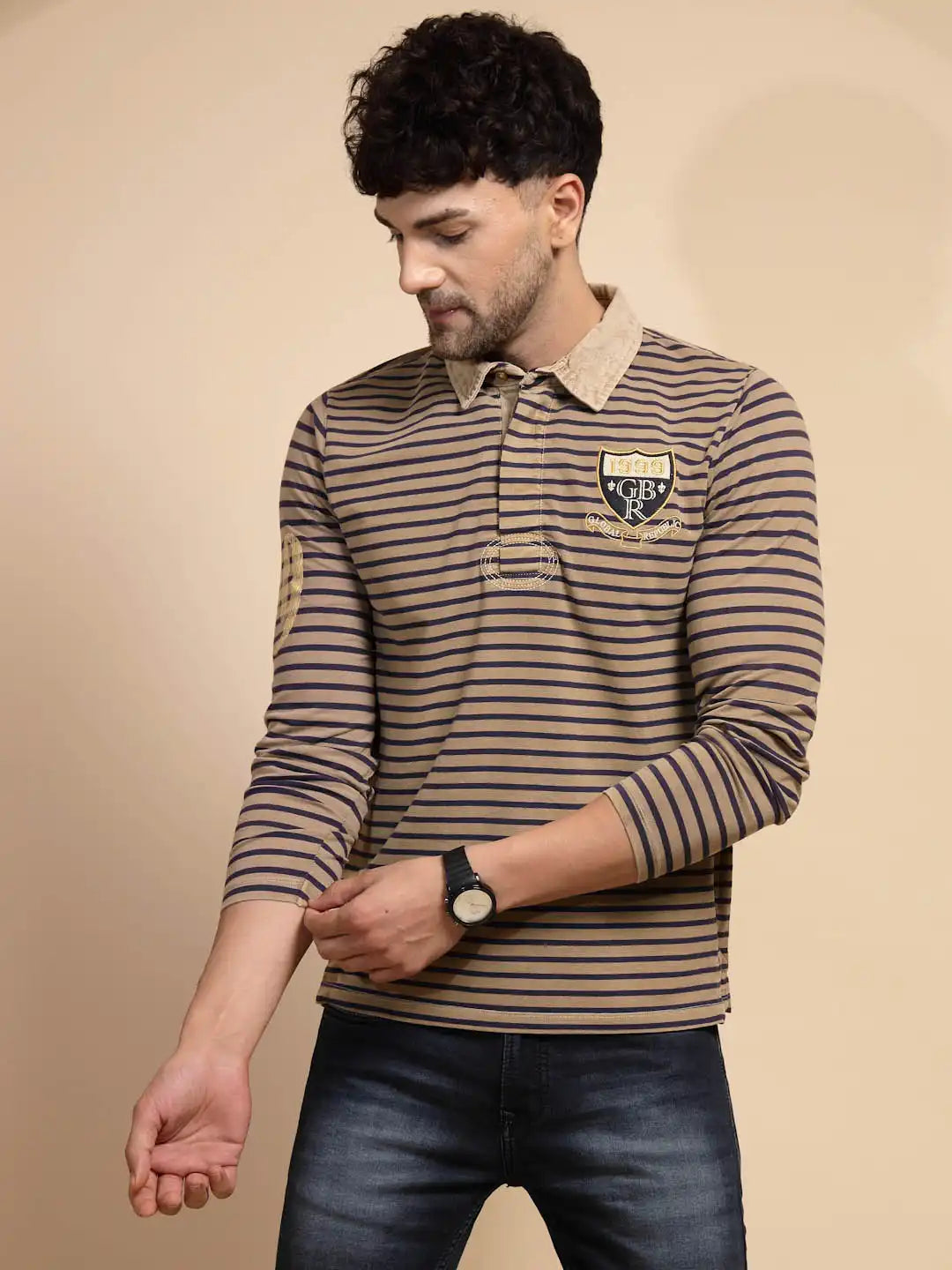 Brown Striped Three Fourth Sleeve T-Shirt - Global Republic