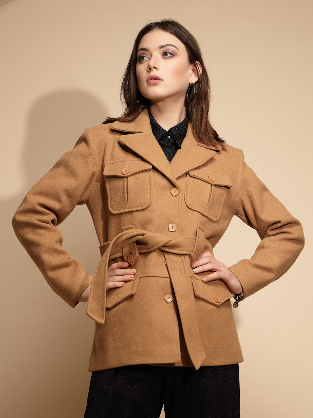 Brown Solid Knitted Wrap Coat - Global Republic