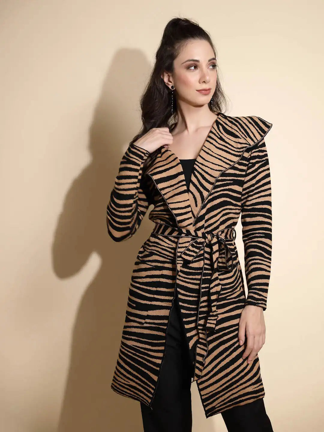 Brown Animal Print Knitted Winter Coat - Global Republic