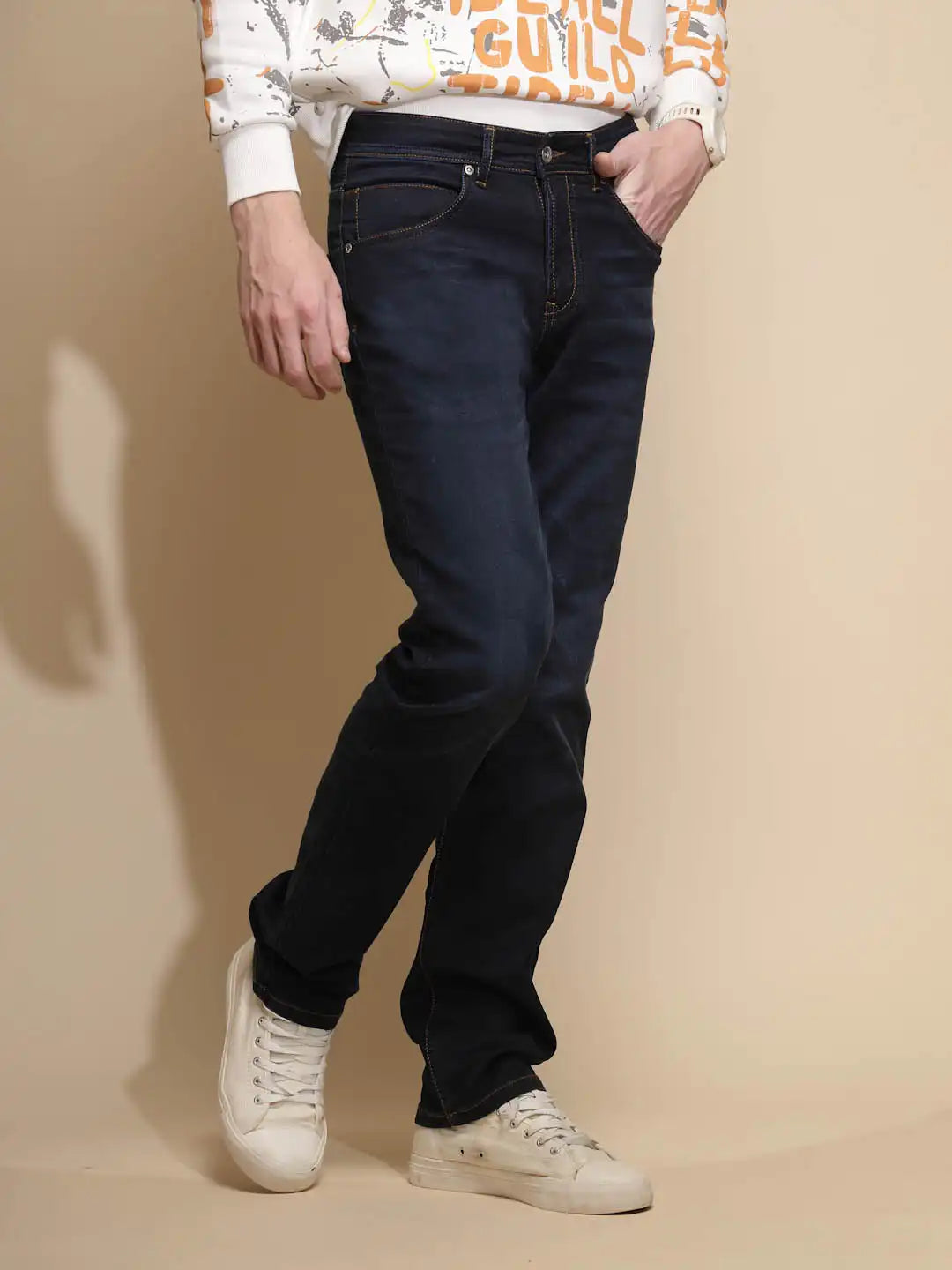 Dark Blue Solid Mid Rise Straight Fit Cotton Blend Jeans - Global Republic