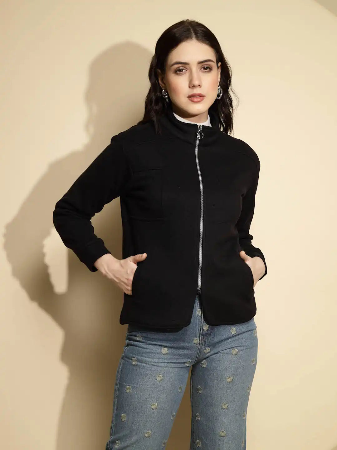 Black Solid Full Sleeve Turtle Neck Fleece Sweatshirt - Global Republic