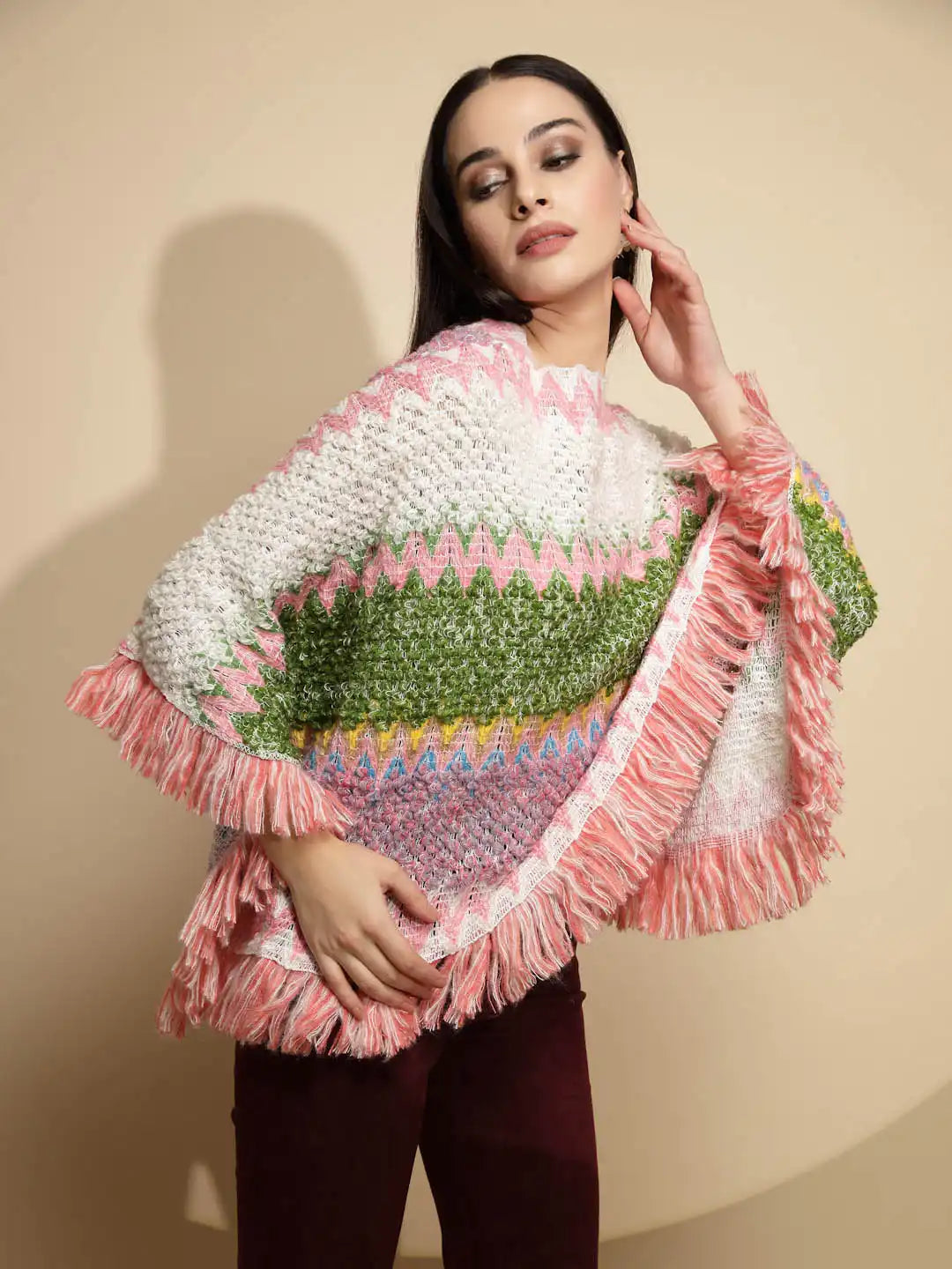 Multicolor Abstract Print Full Sleeve Boat Neck Acrylic Poncho - Global Republic