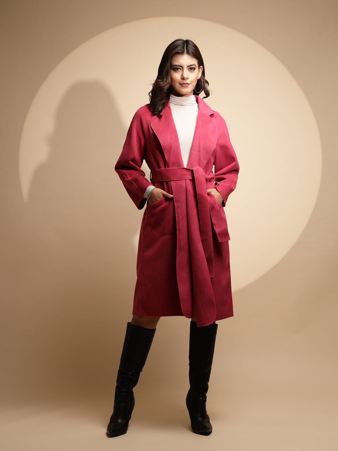 Women Pink Solid Collared Neck Full Sleeve Suede Long Wrap Coat - Global Republic