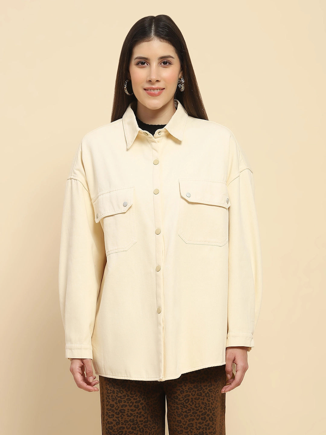 Off White Oversized Fleece Winter Shacket - Global Republic
