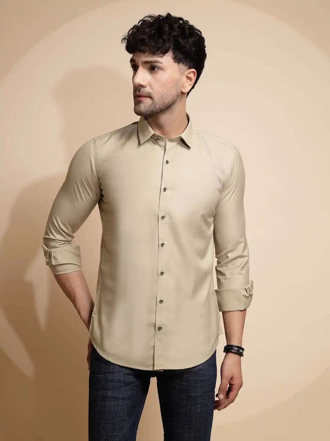 Beige Solid Full Sleeve Collared Neck Cotton Blend Shirt - Global Republic