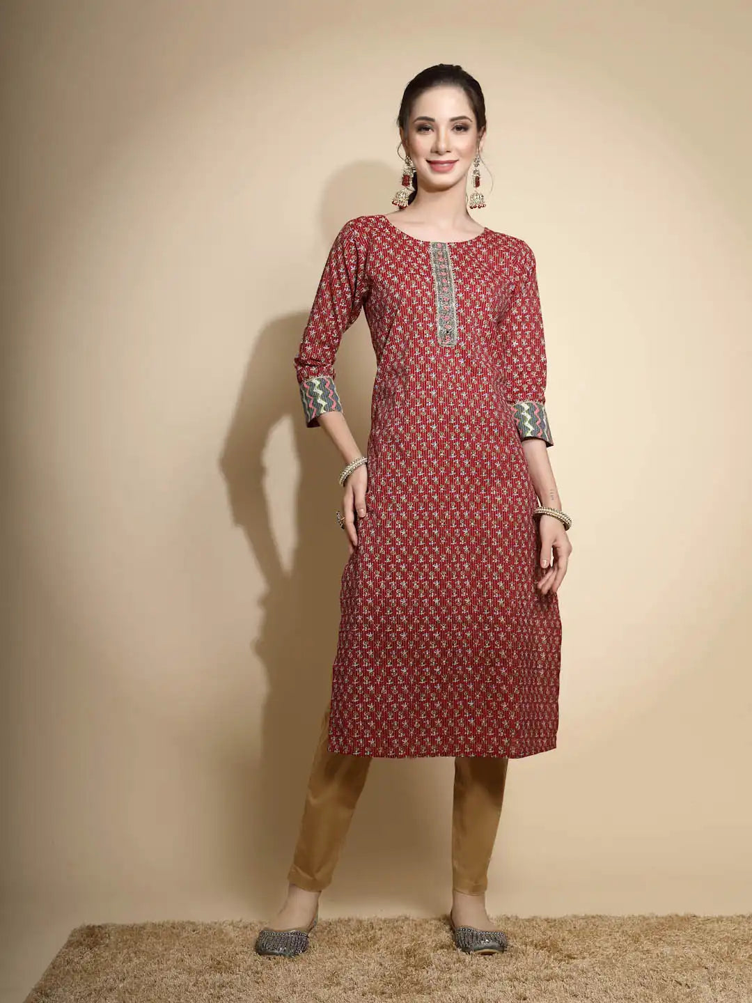 Maroon Printed Three Quarter Sleeves Round Neck Cotton Blend Kurta - Global Republic