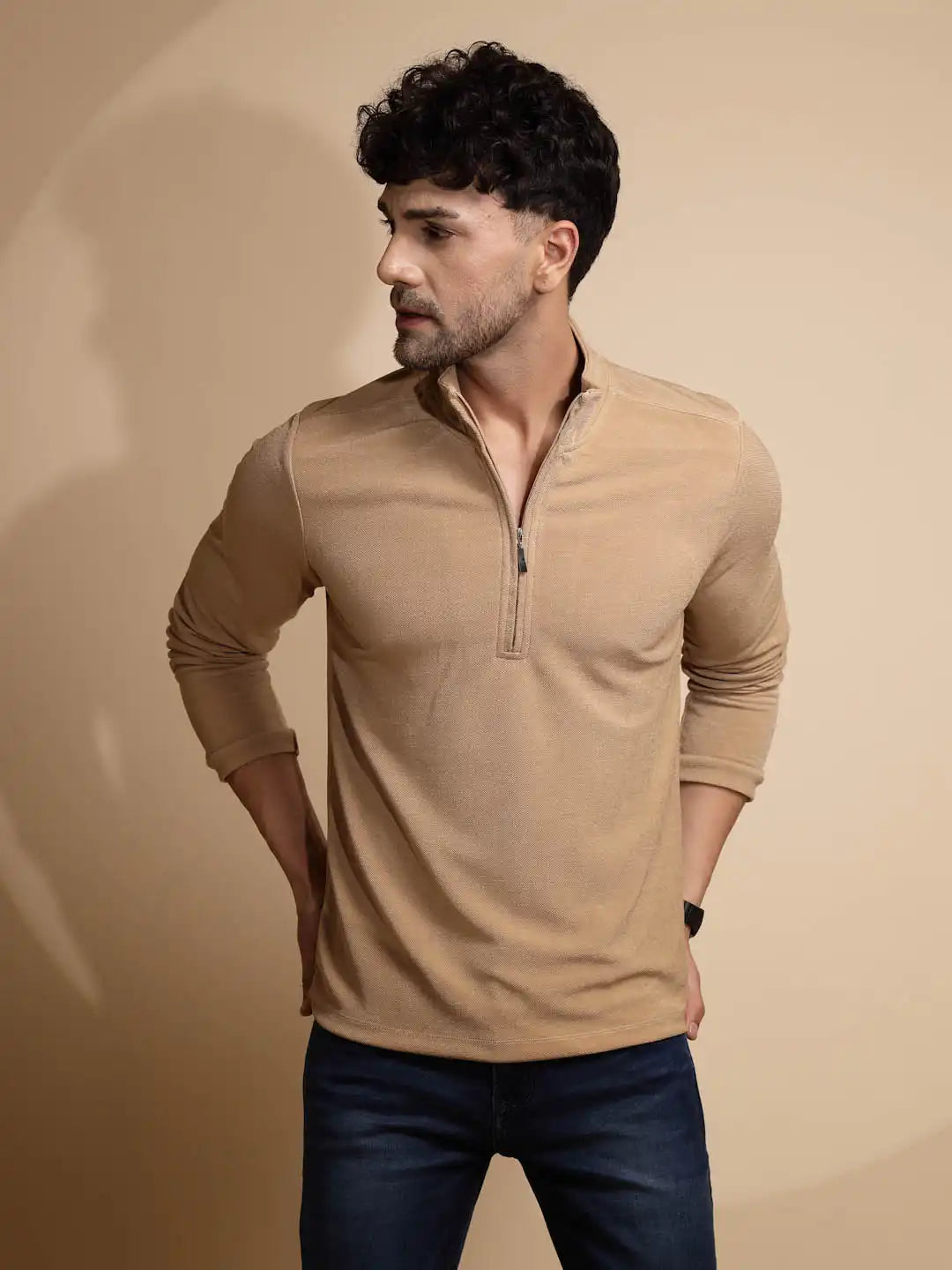 Beige Solid ester T-Shirt - Global Republic