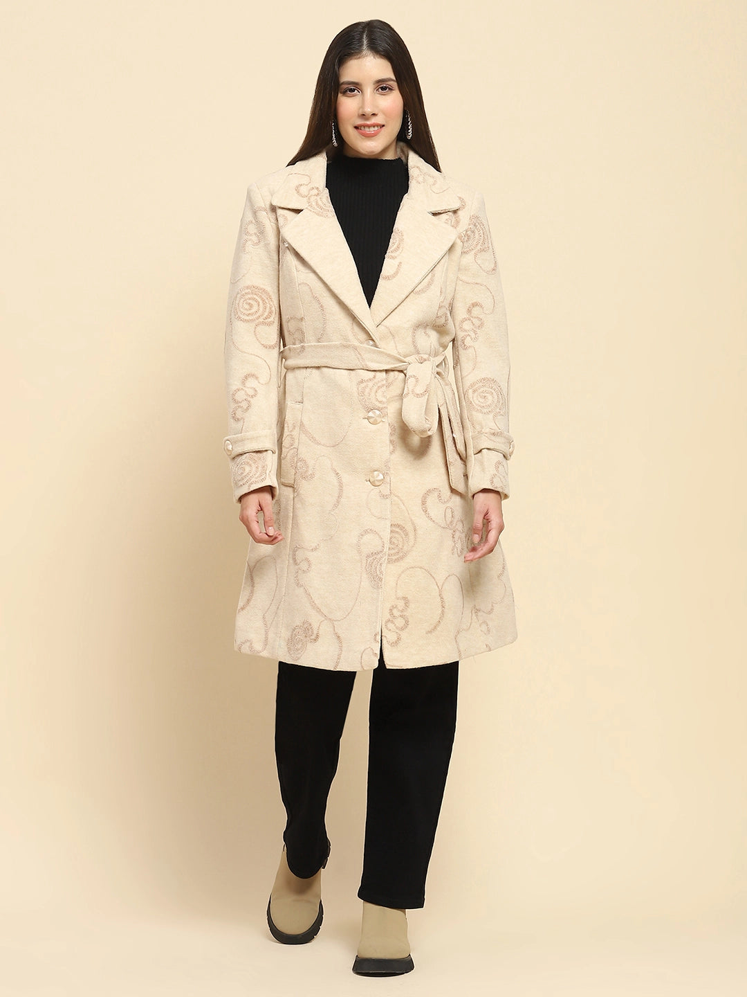 Beige Self Design Long Winter Coat - Global Republic