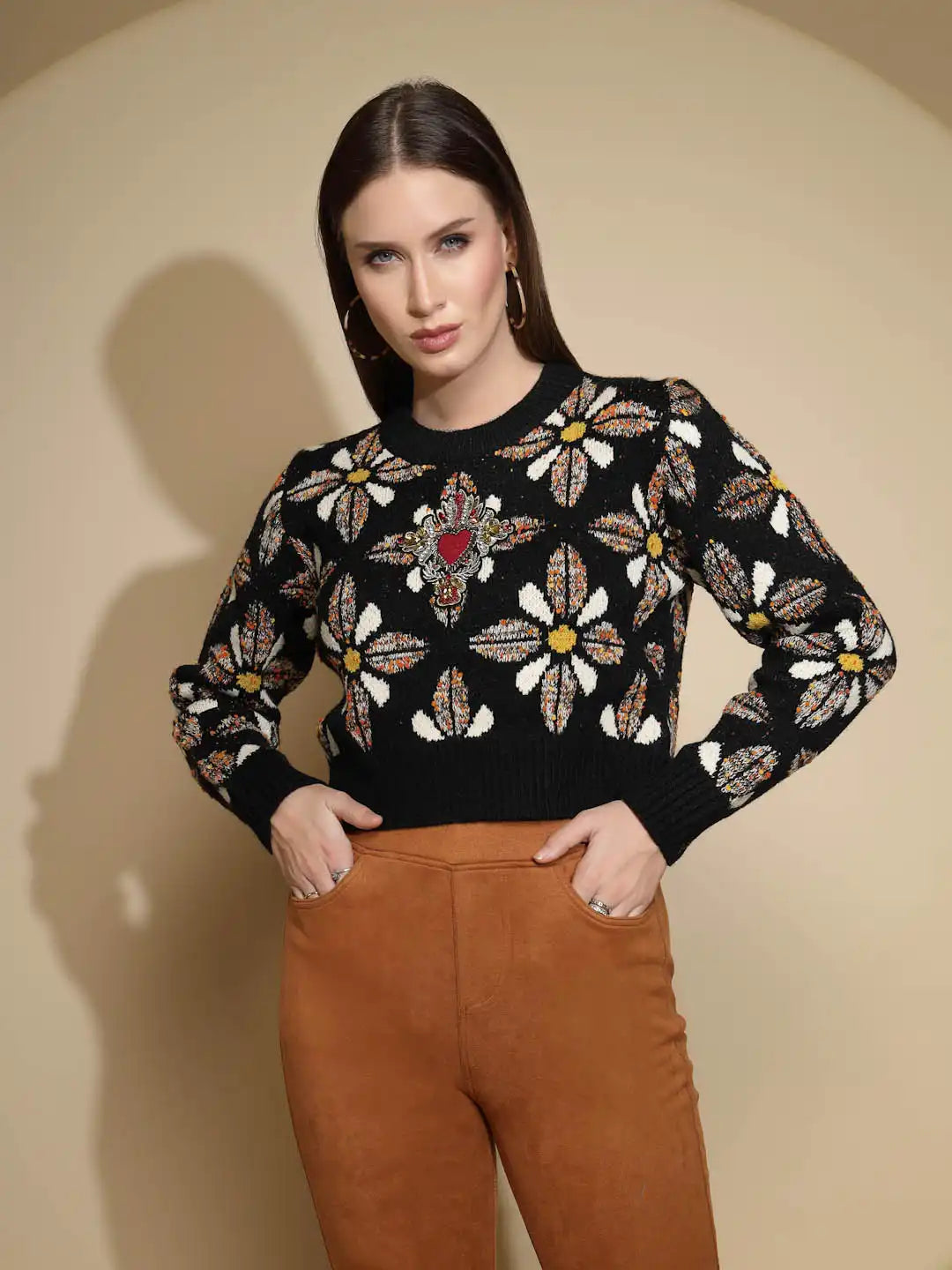 Black Embellished Jacquard Sweater - Global Republic