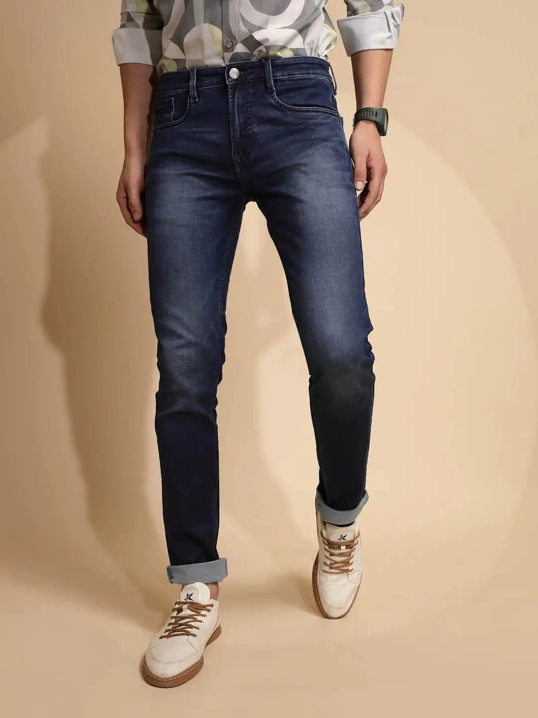 Solid Blue Mid Rise Cotton Blend Folding Jeans - Global Republic