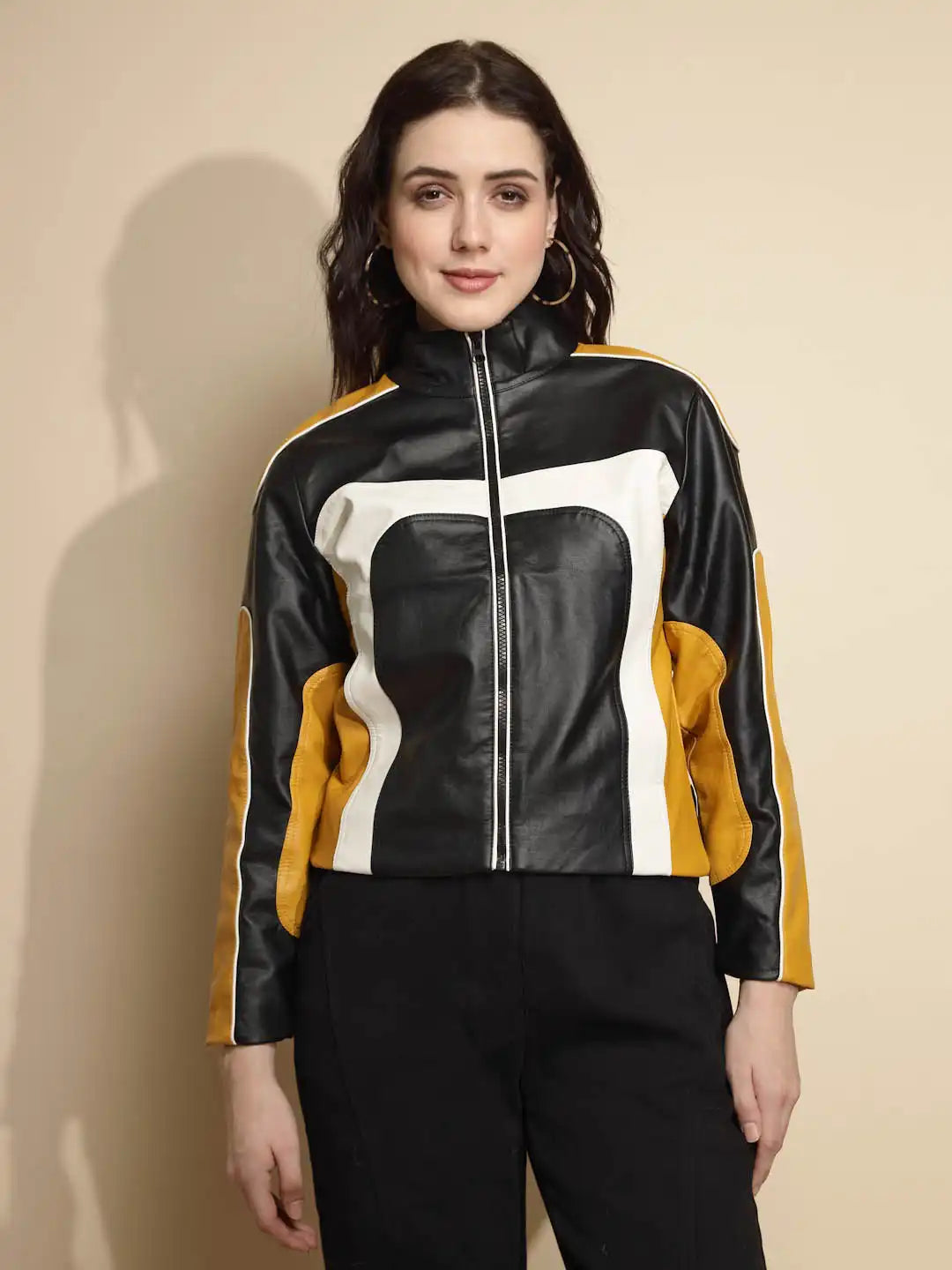 Multicolor Block Print Full Sleeve Turtle Neck Leather Jacket