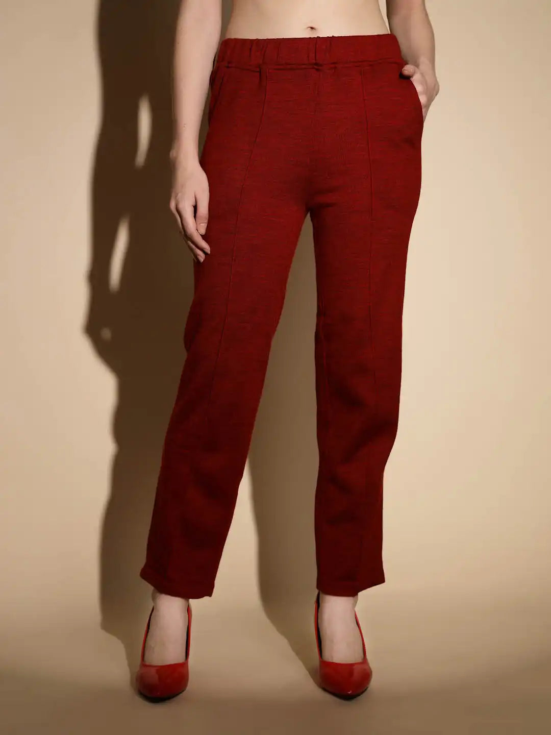 Maroon Solid Straight Cut Low Rise Pants - Global Republic