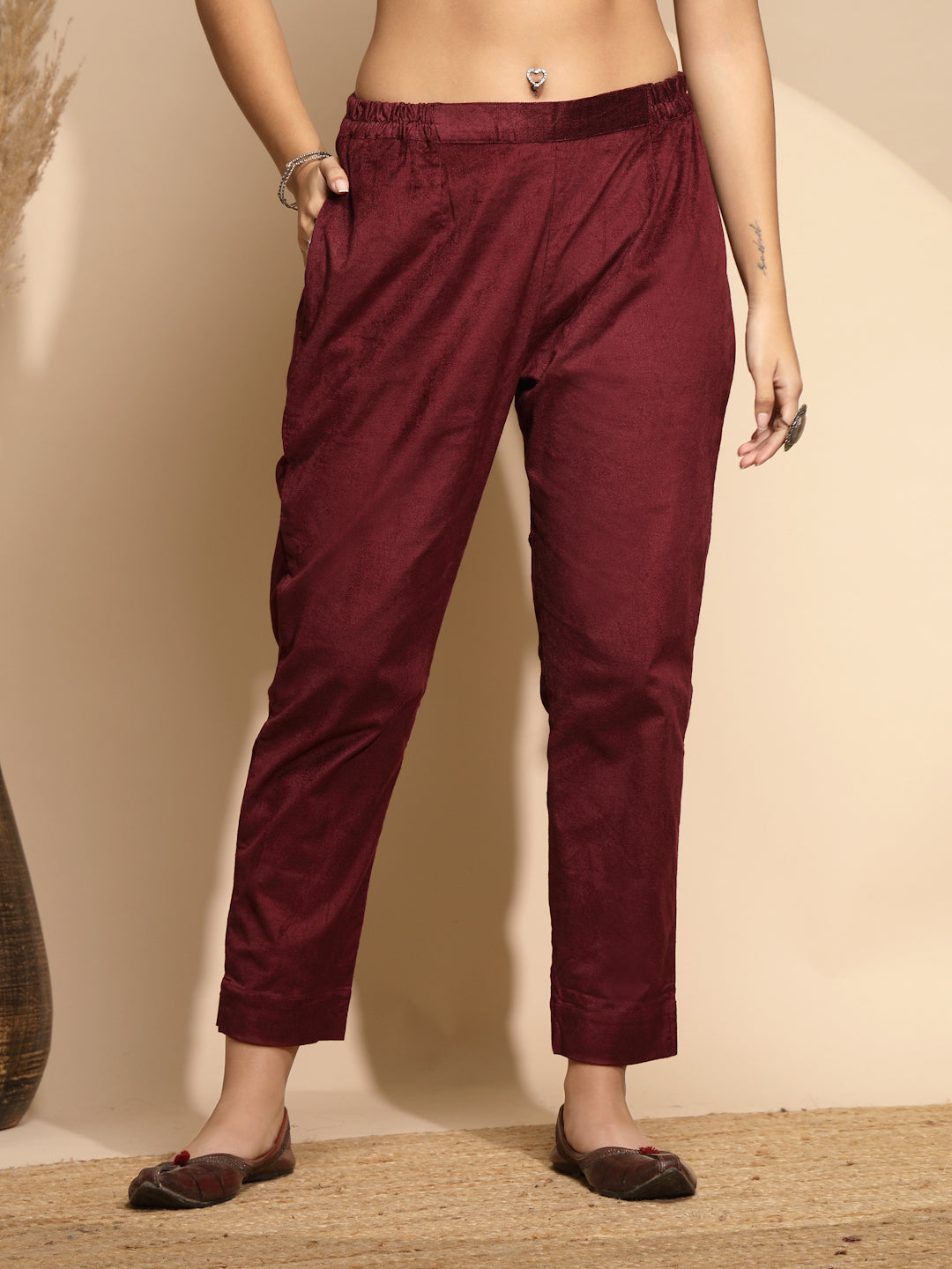 Wine Solid Cotraise Mid Rise Loose fit Pants For Women