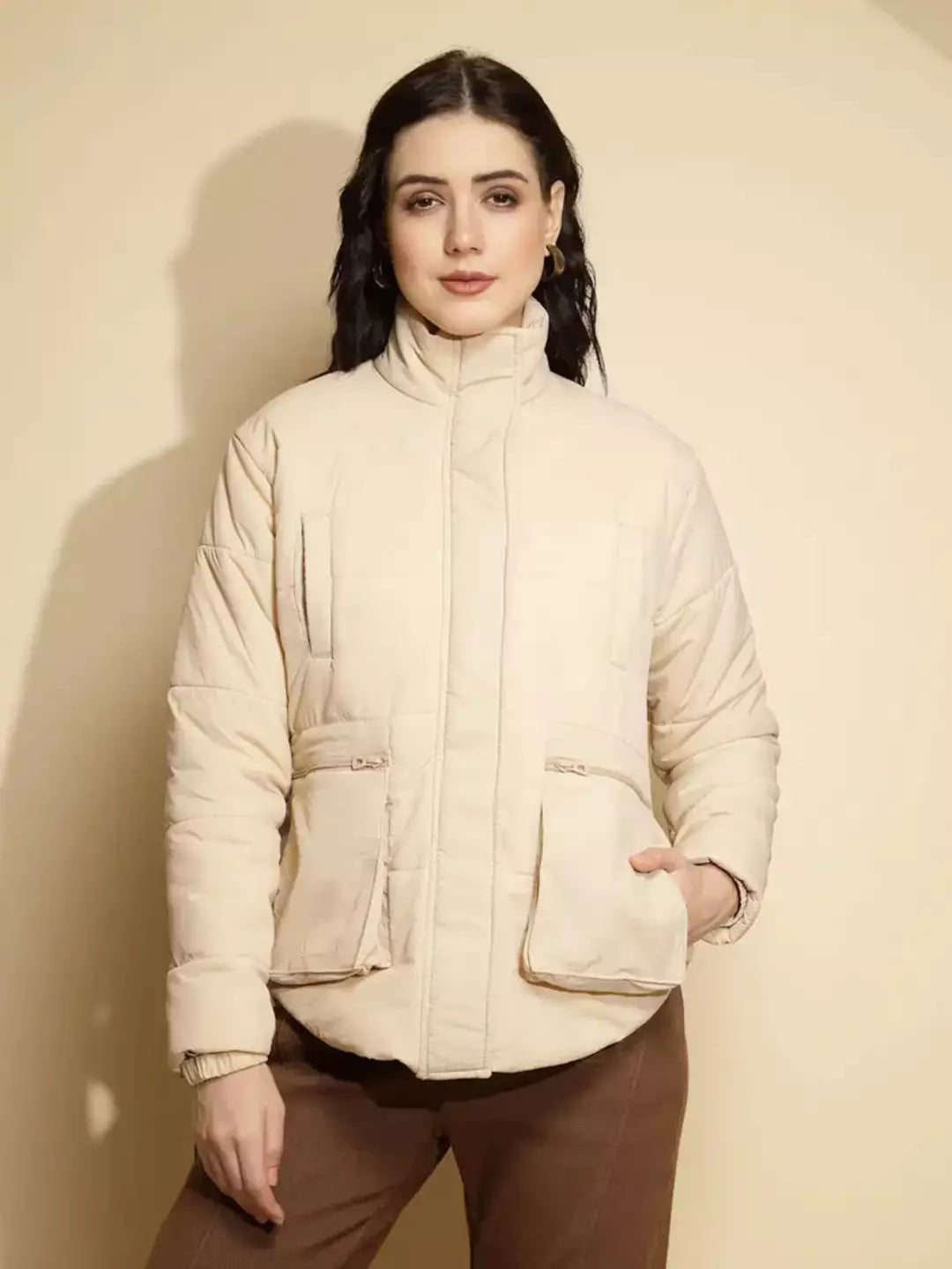 Beige Solid Puffer Jacket - Global Republic