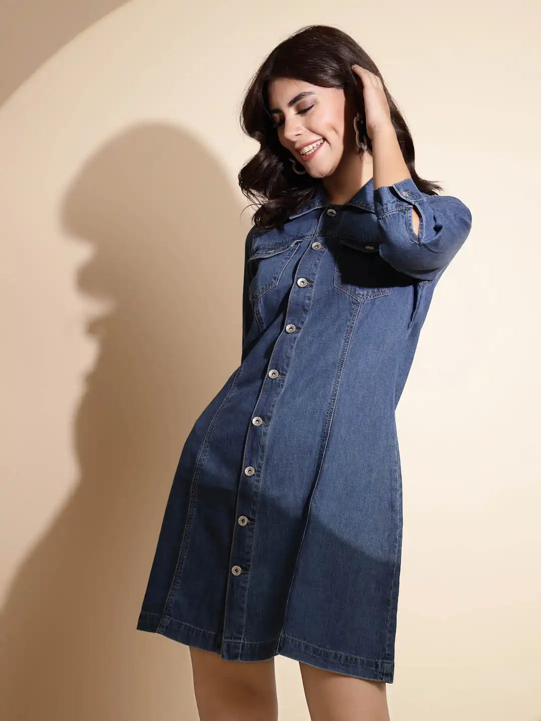 Women's Solid Collared Neck Blue Dress - Global Republic