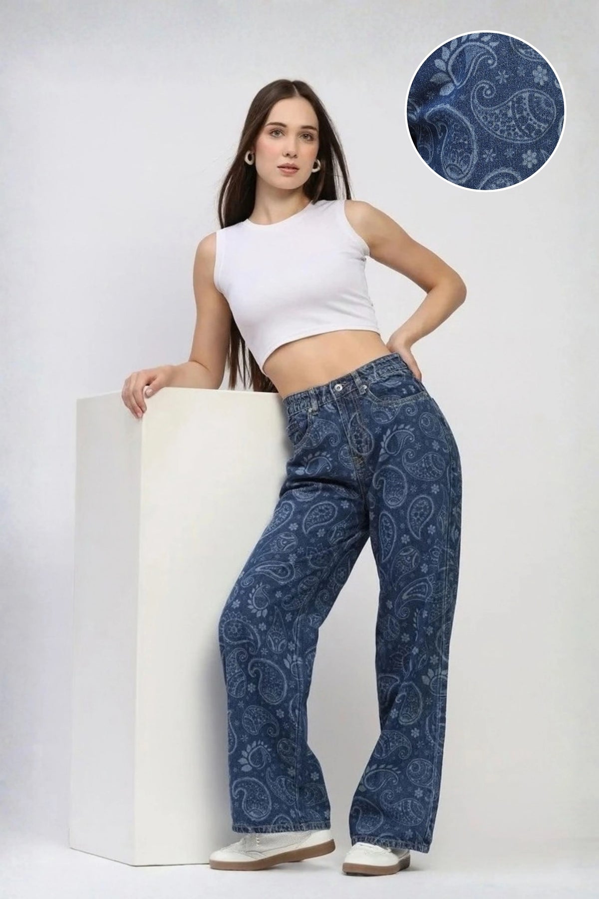 Blue Paisley Floral Print Jeans