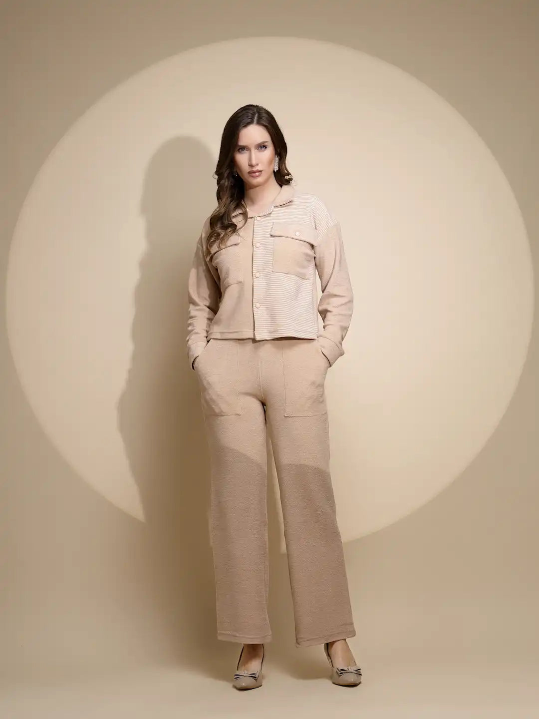 Beige Striped ester Co-ord Set - Global Republic