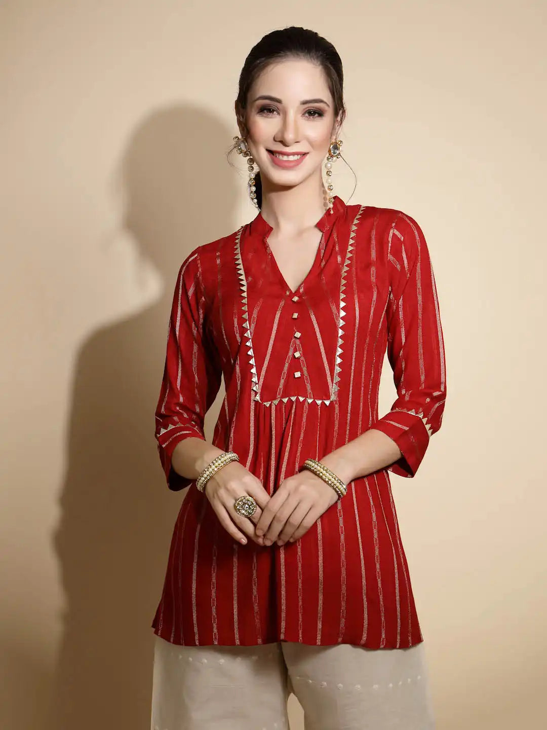 Red Printed Three Quarter Sleeves Mandarin Collar Tunic - Global Republic