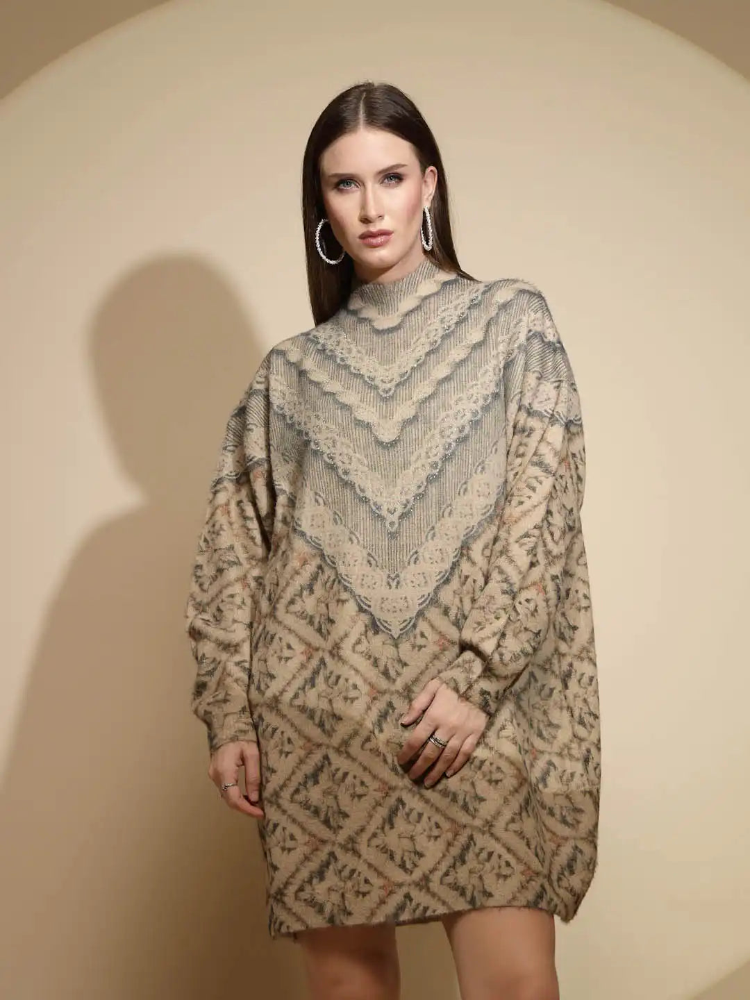 Beige Embellished Full Sleeve Turtle Neck Acrylic Dress - Global Republic