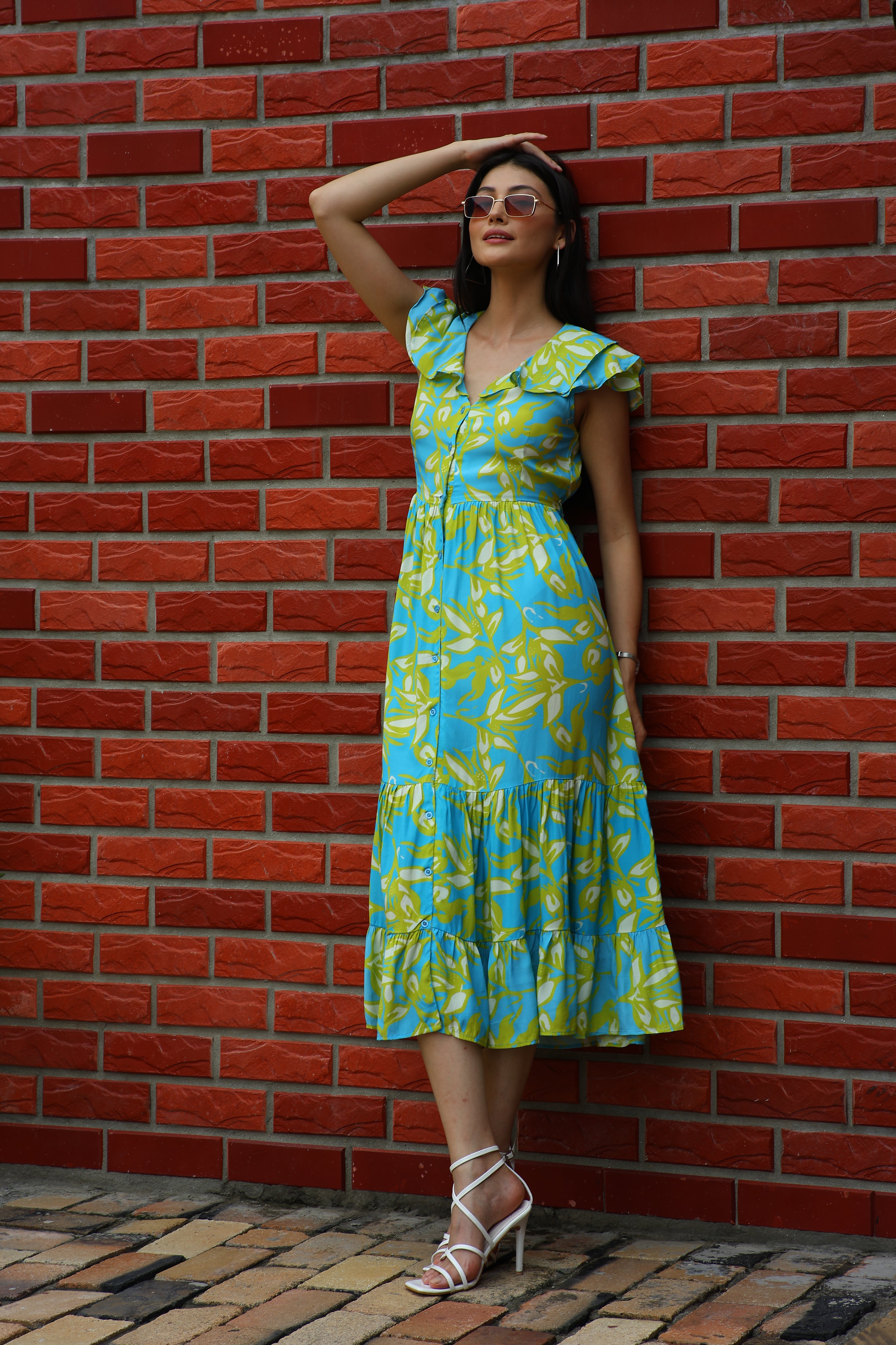 Sky & Lime Abstract Tiered Midi Dress