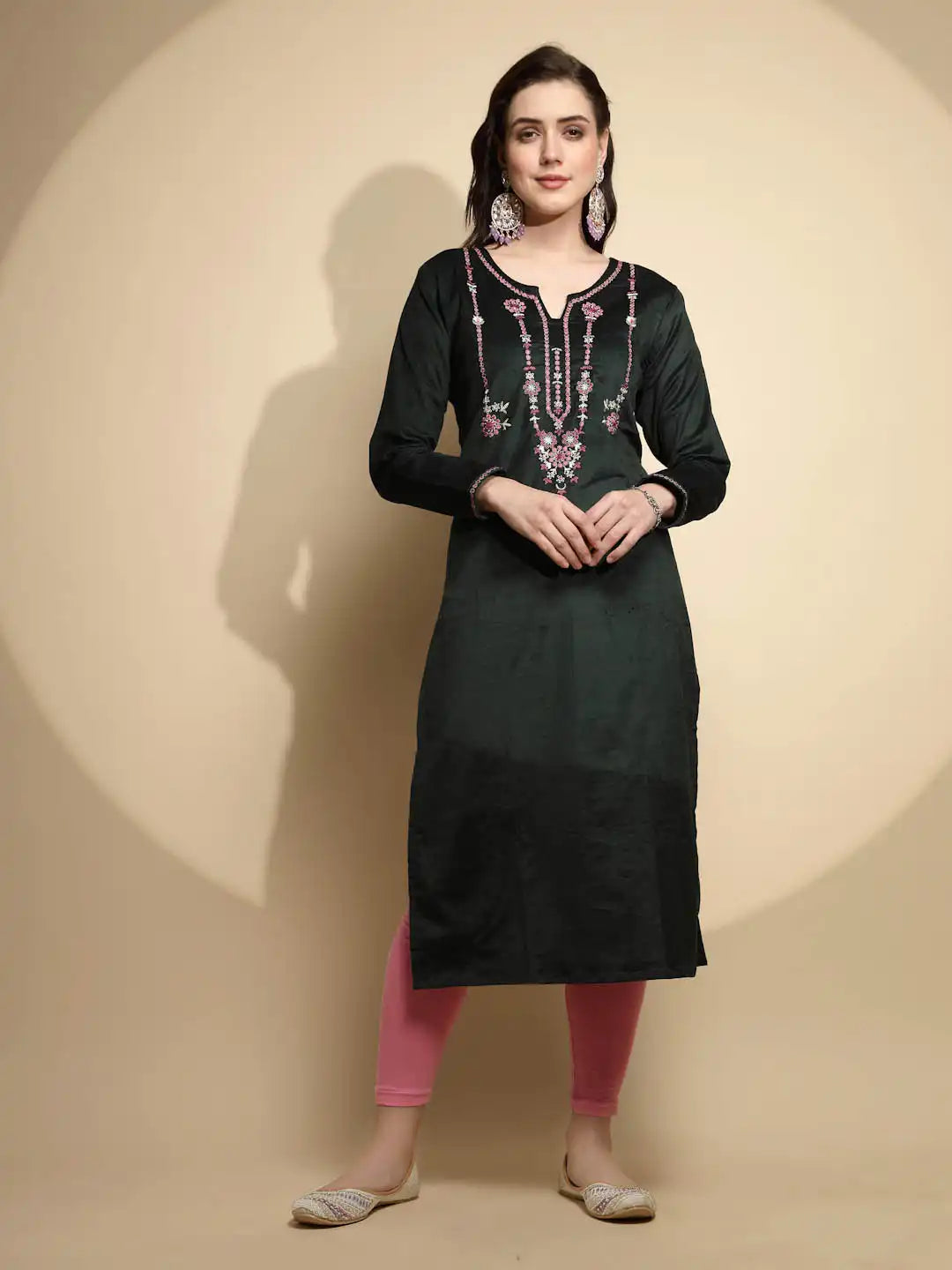 Olive Embellished Cotton Kurta - Global Republic