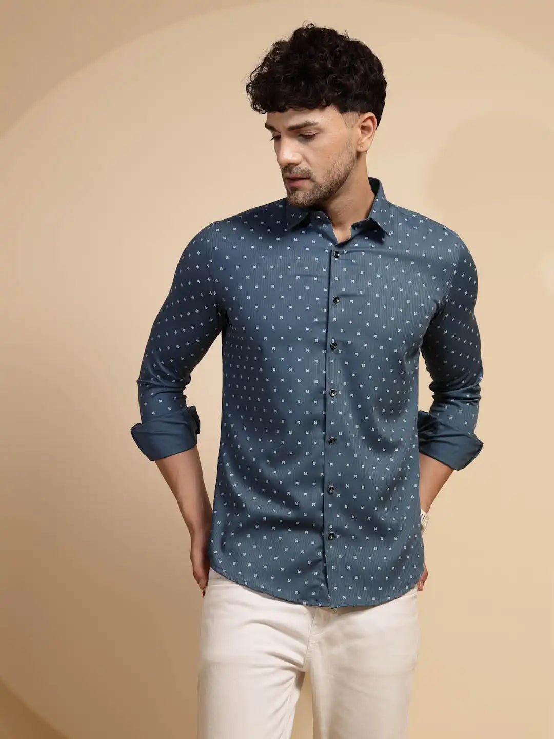 Blue Printed Full Sleeve Collared Neck Shirt - Global Republic