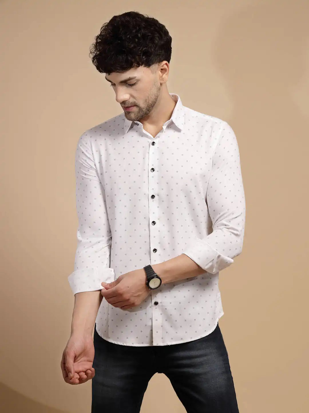 White Printed Full Sleeve Collared Neck Polyester Blend Shirt