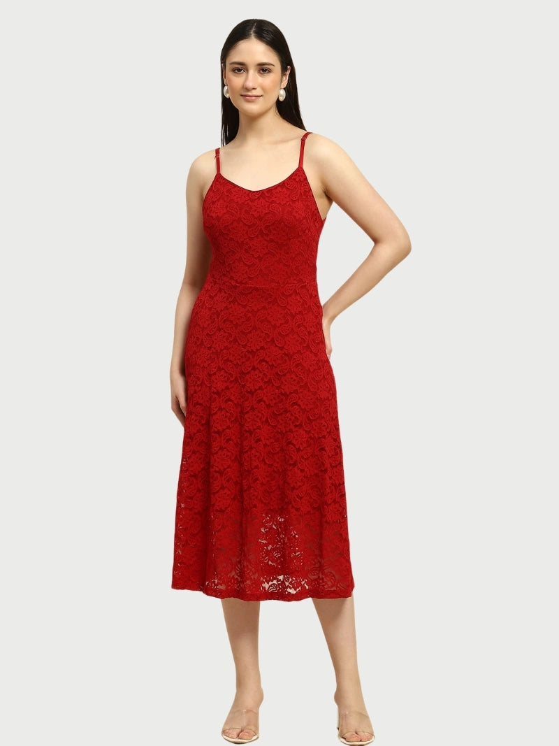 Maroon Floral Lace Fit & Flare Dress - Global Republic