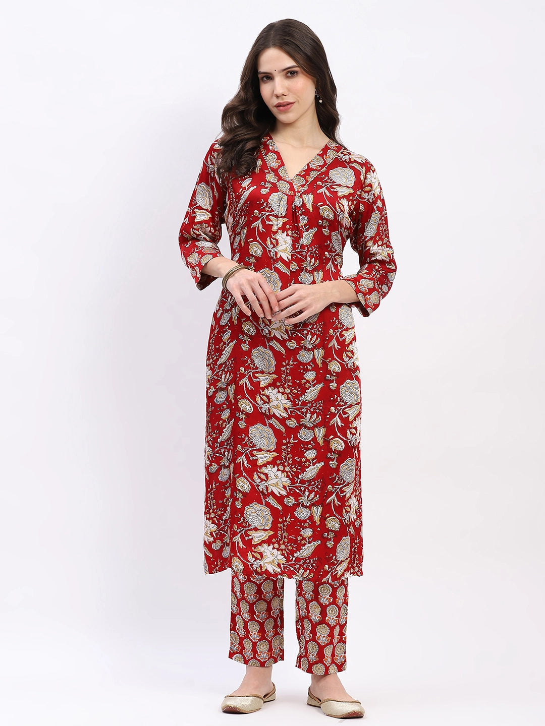 Floral Elegance Red Kurta Set - Global Republic