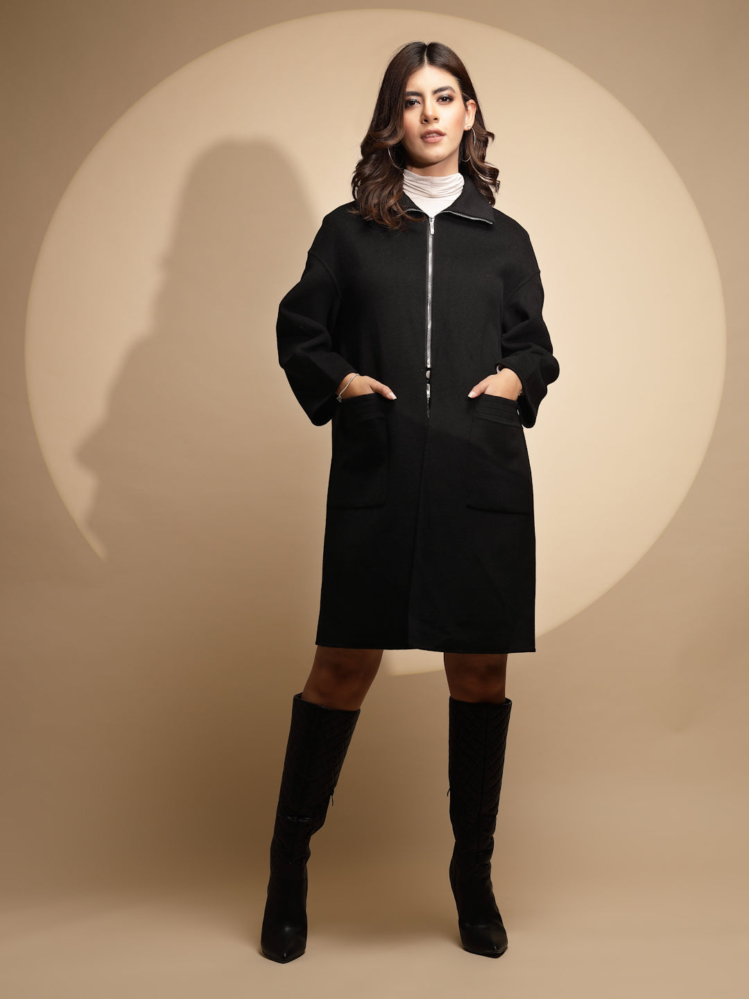 Women Black Solid Collared Neck Full Sleeve Woolen Coat - Global Republic