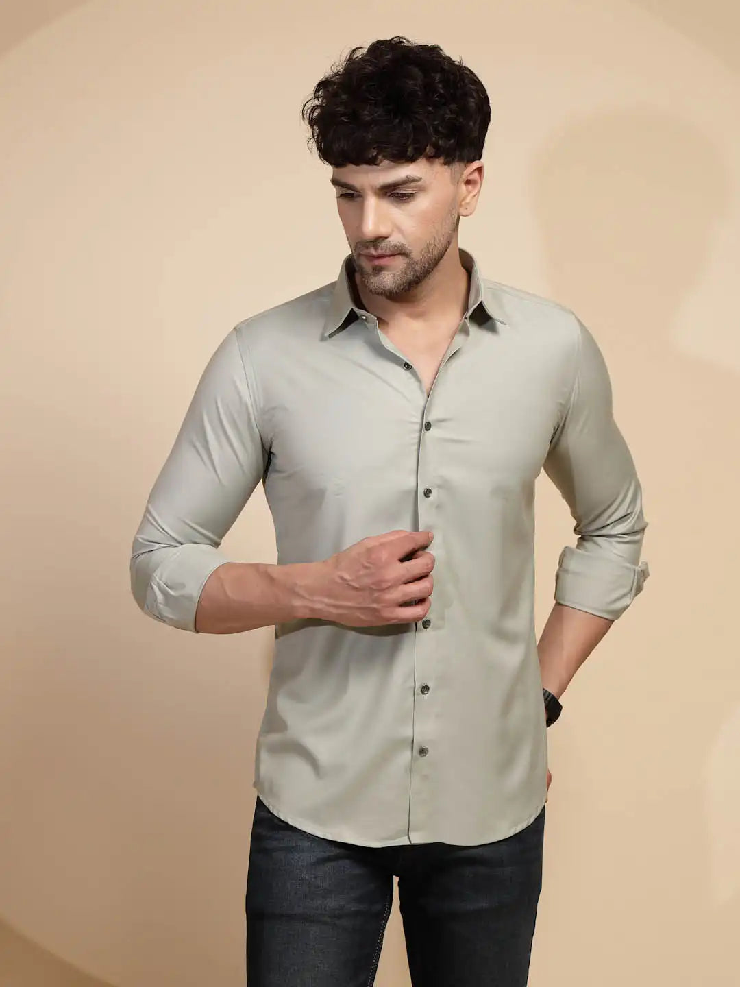 Grey Solid Cotton Blend Shirt - Global Republic