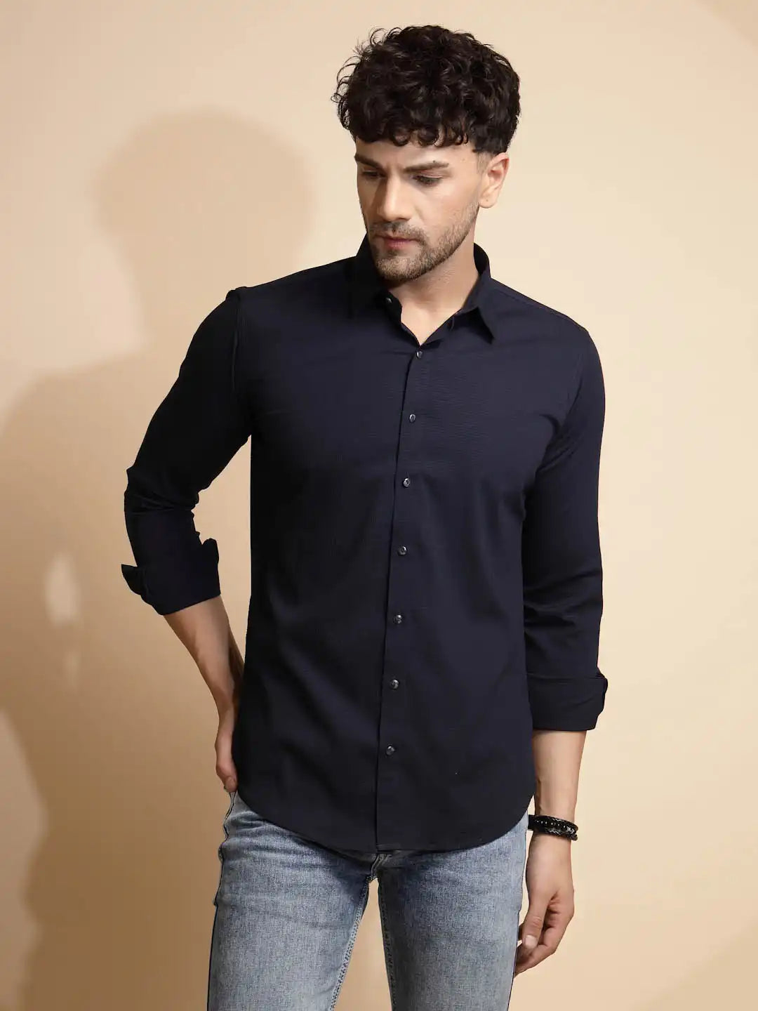 Navy Blue Solid Full Sleeve Collared Neck Shirt - Global Republic