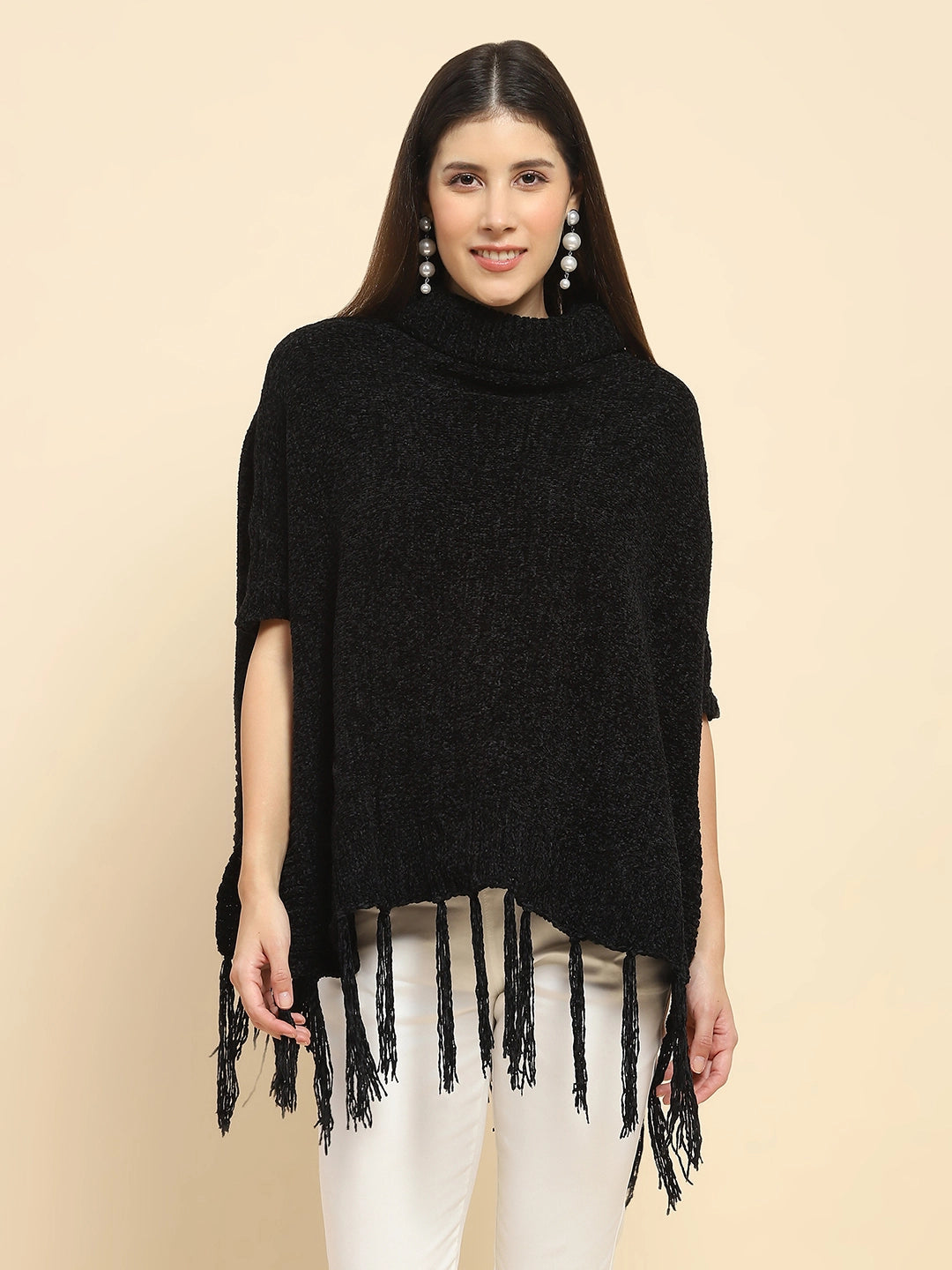 Black Wool Blend Loose Poncho - Global Republic