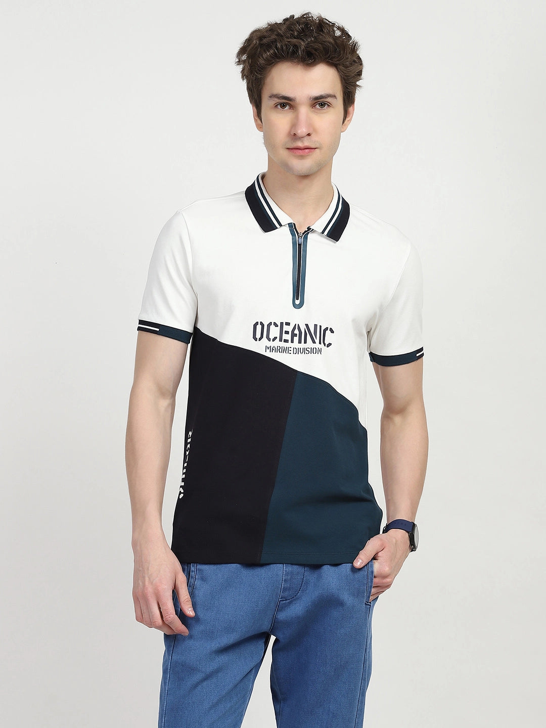 Blue Color Block Cotton Polo T-shirt - Global Republic