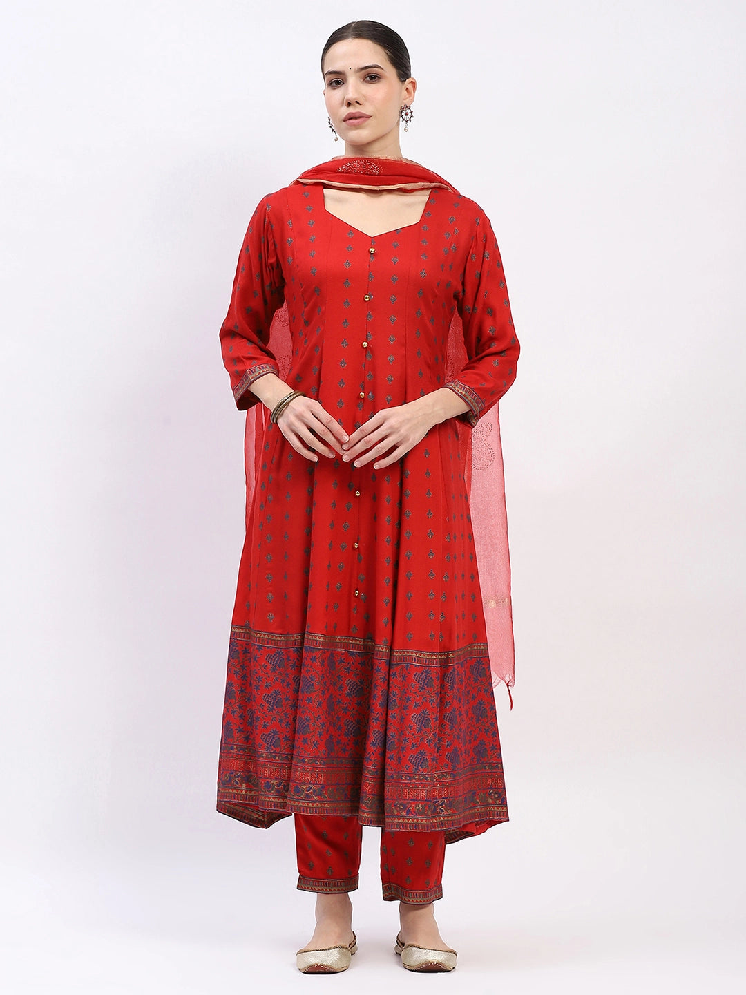 Foil-Printed Muslin Anarkali Suit Set - Global Republic