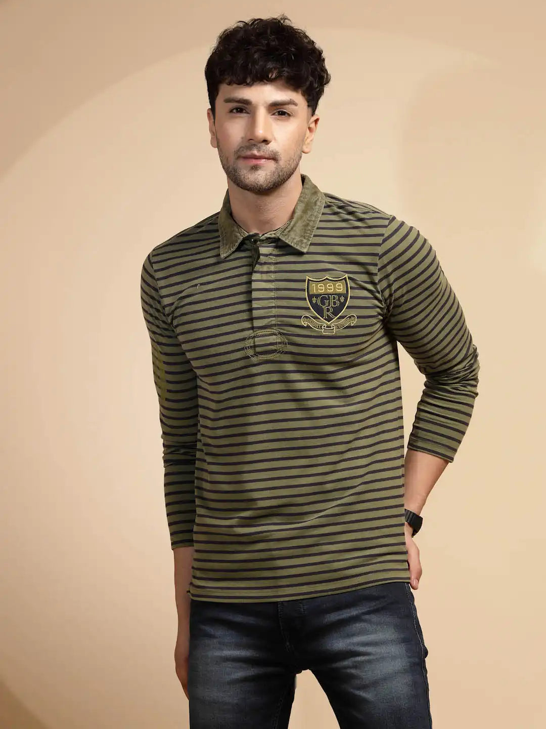 Olive Striped Three Fourth Sleeve T-Shirt - Global Republic