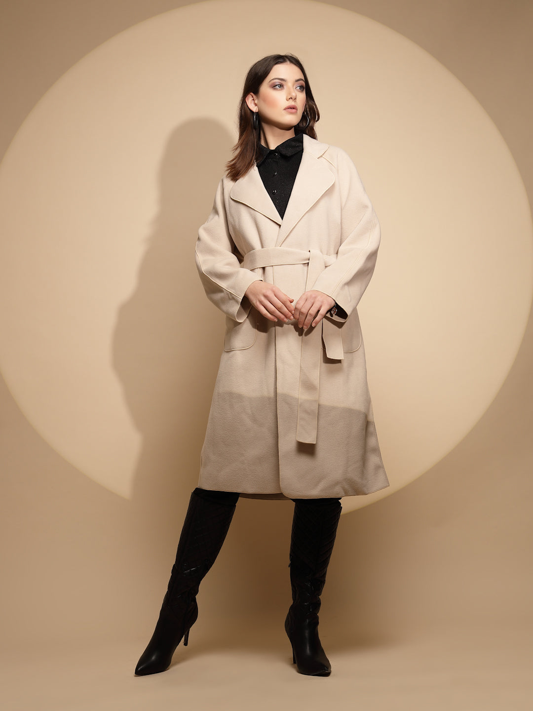Women White Solid Collared Neck Full Sleeve Seude Long Wrap Coat - Global Republic