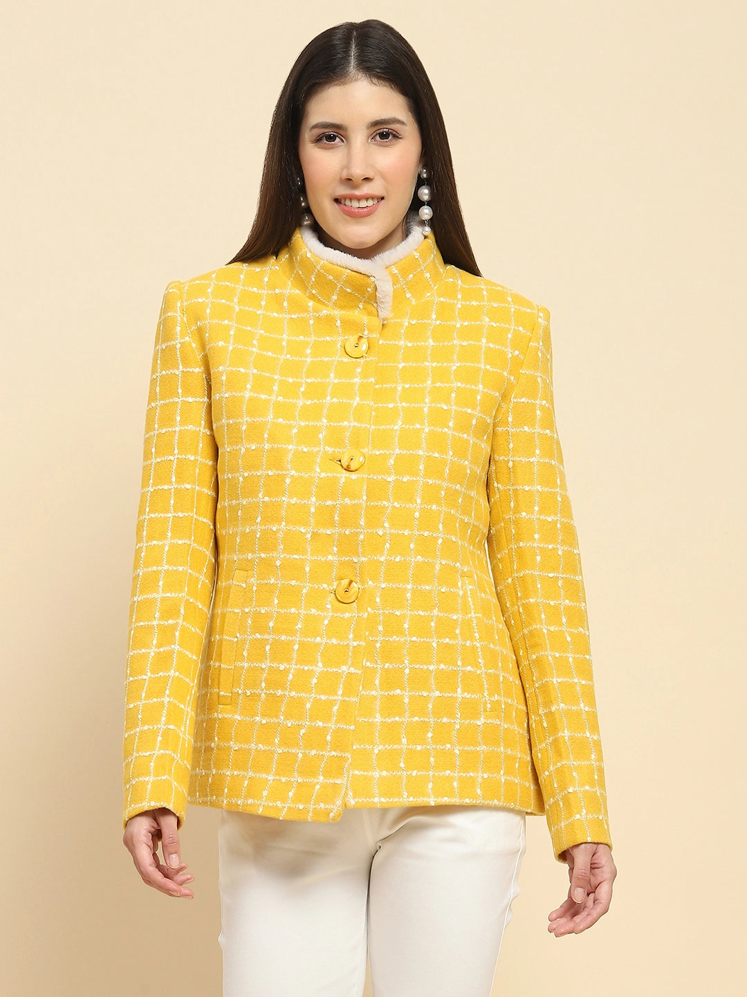 Mustard Acrylic Check Winter Coat - Global Republic