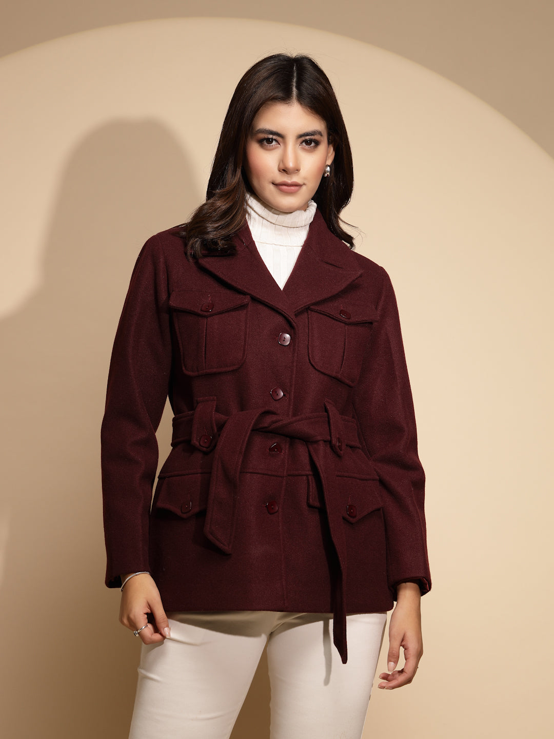 Wine Solid Knitted Wrap Coat - Global Republic
