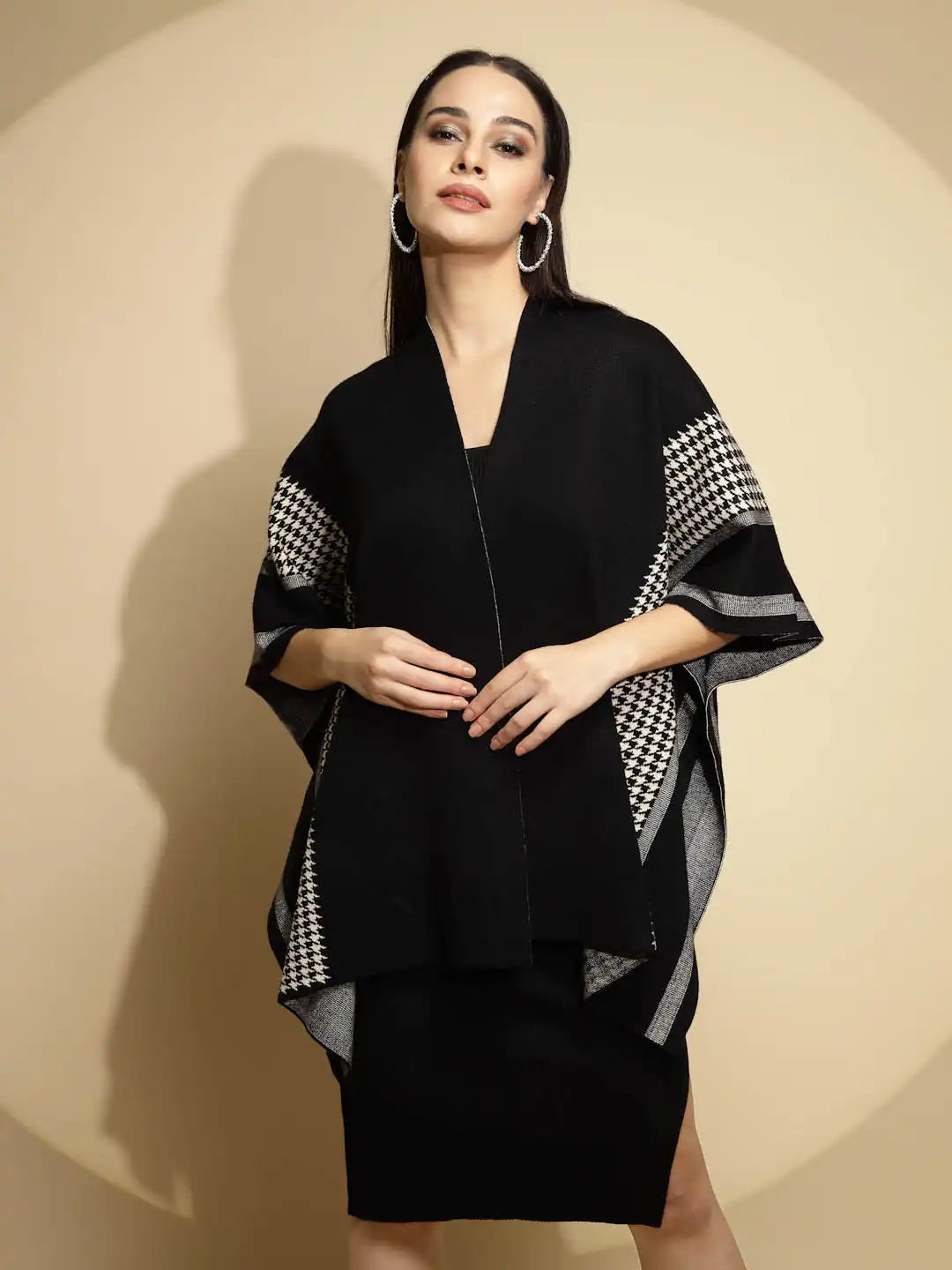 Black Abstract Print Half Sleeve Open Neck Knitted Winter Shrug - Global Republic