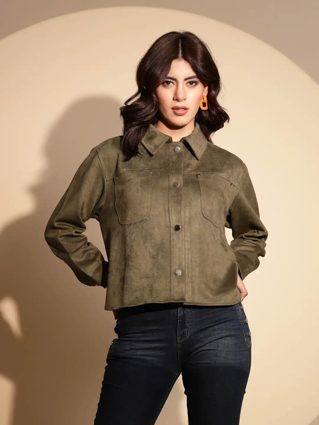 Olive Green Solid Suede Shacket - Global Republic