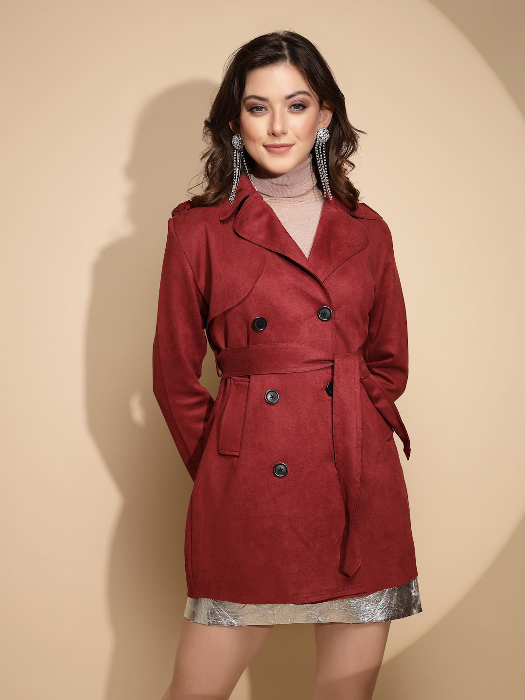 Maroon Solid Wool Blend Coat - Global Republic