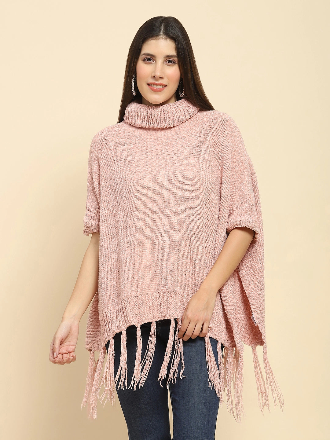 Pink Wool Blend Knit Loose Poncho - Global Republic