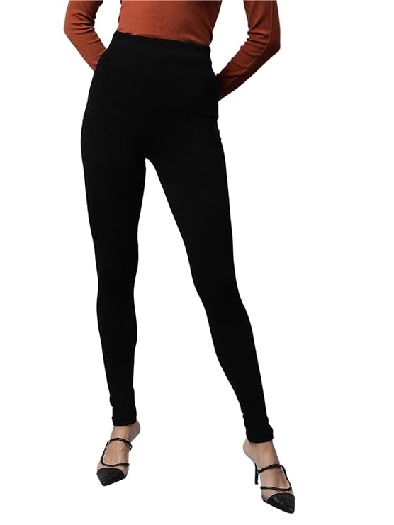 Women Black Body Hugging Warm Slim Fit Leg High Rise Legging - Global Republic