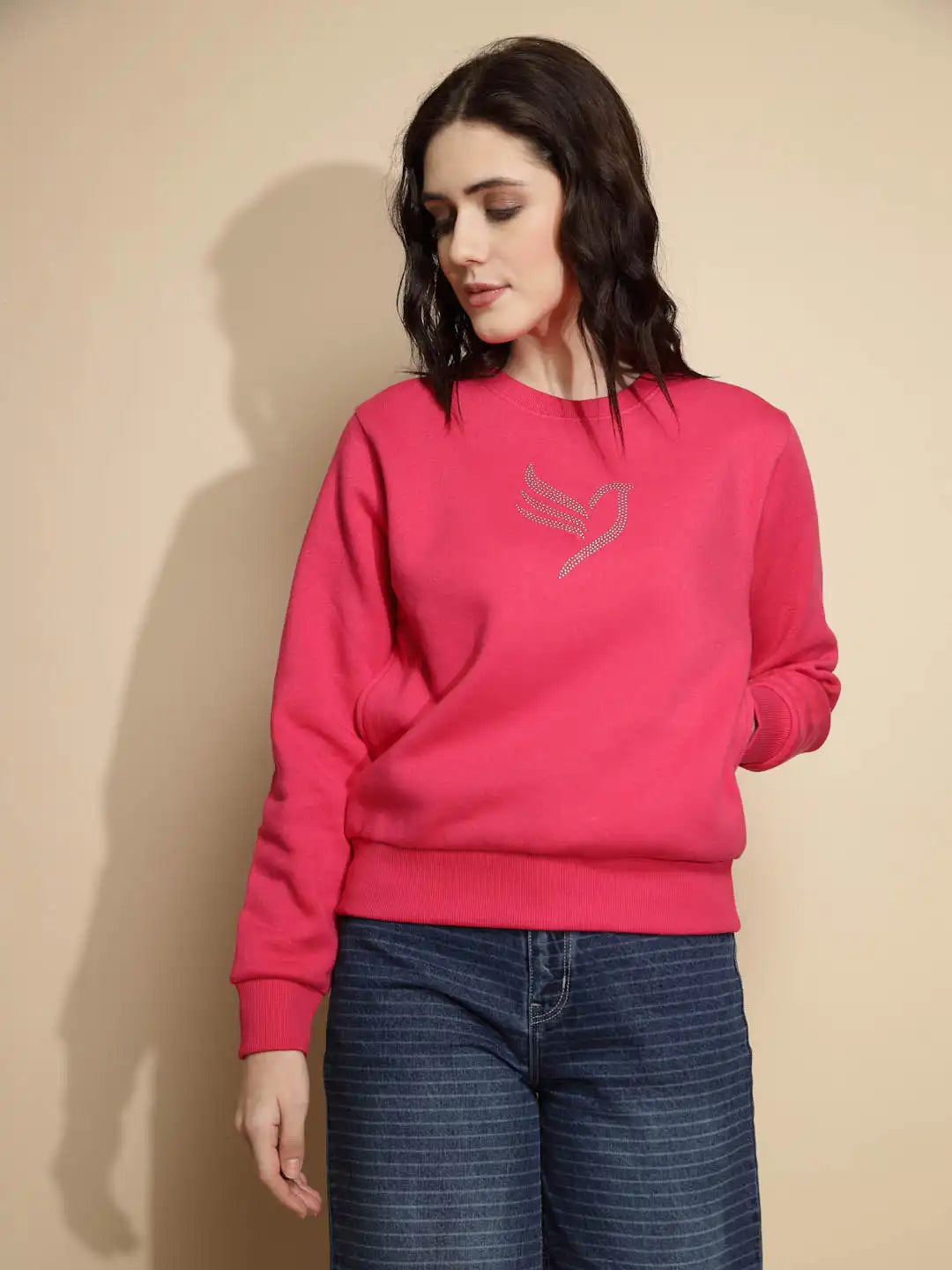 Pink Solid Full Sleeve Round Neck Acrylic Sweatshirt
