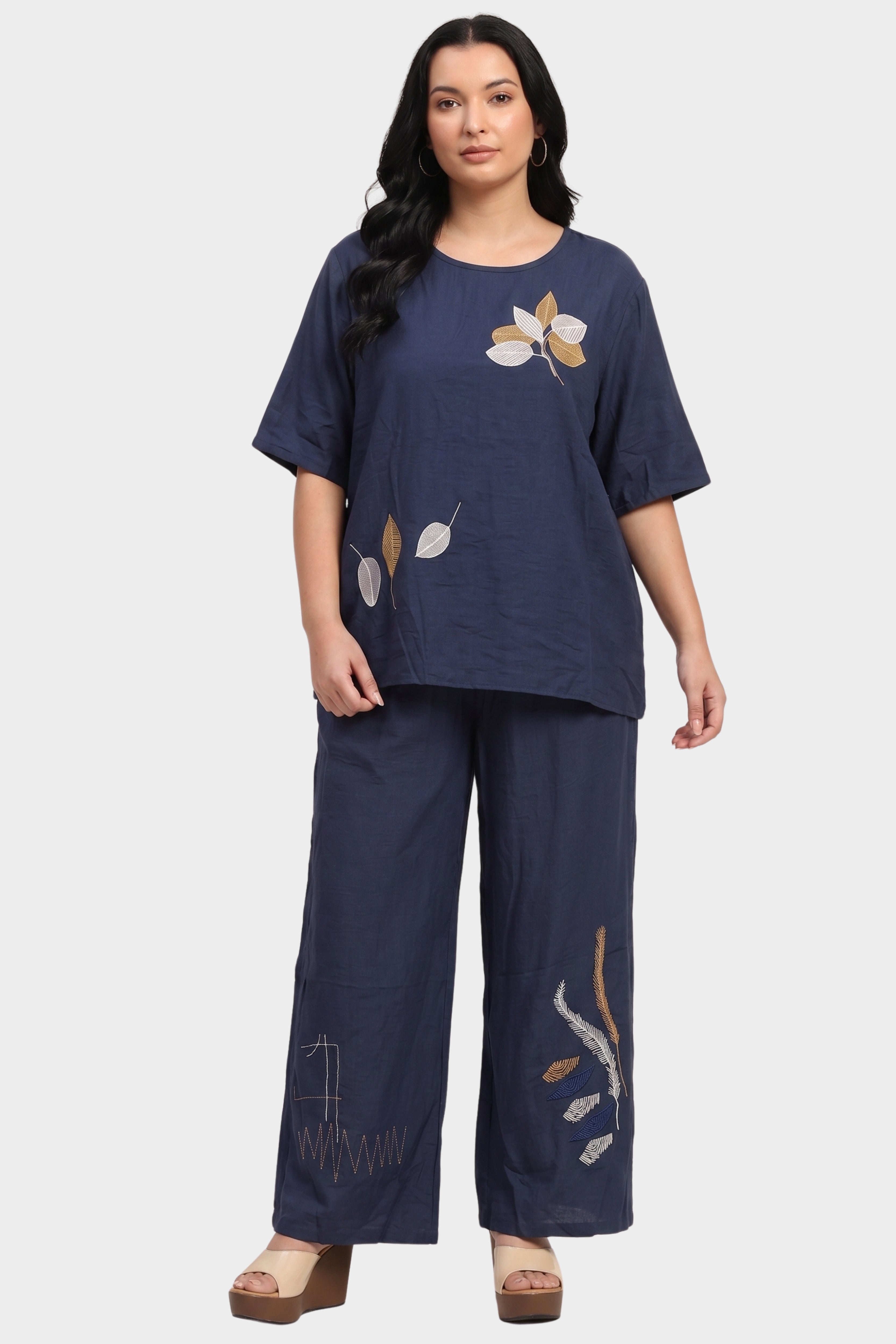 Navy Blue Leaf Embroidered Lounge Wear Set