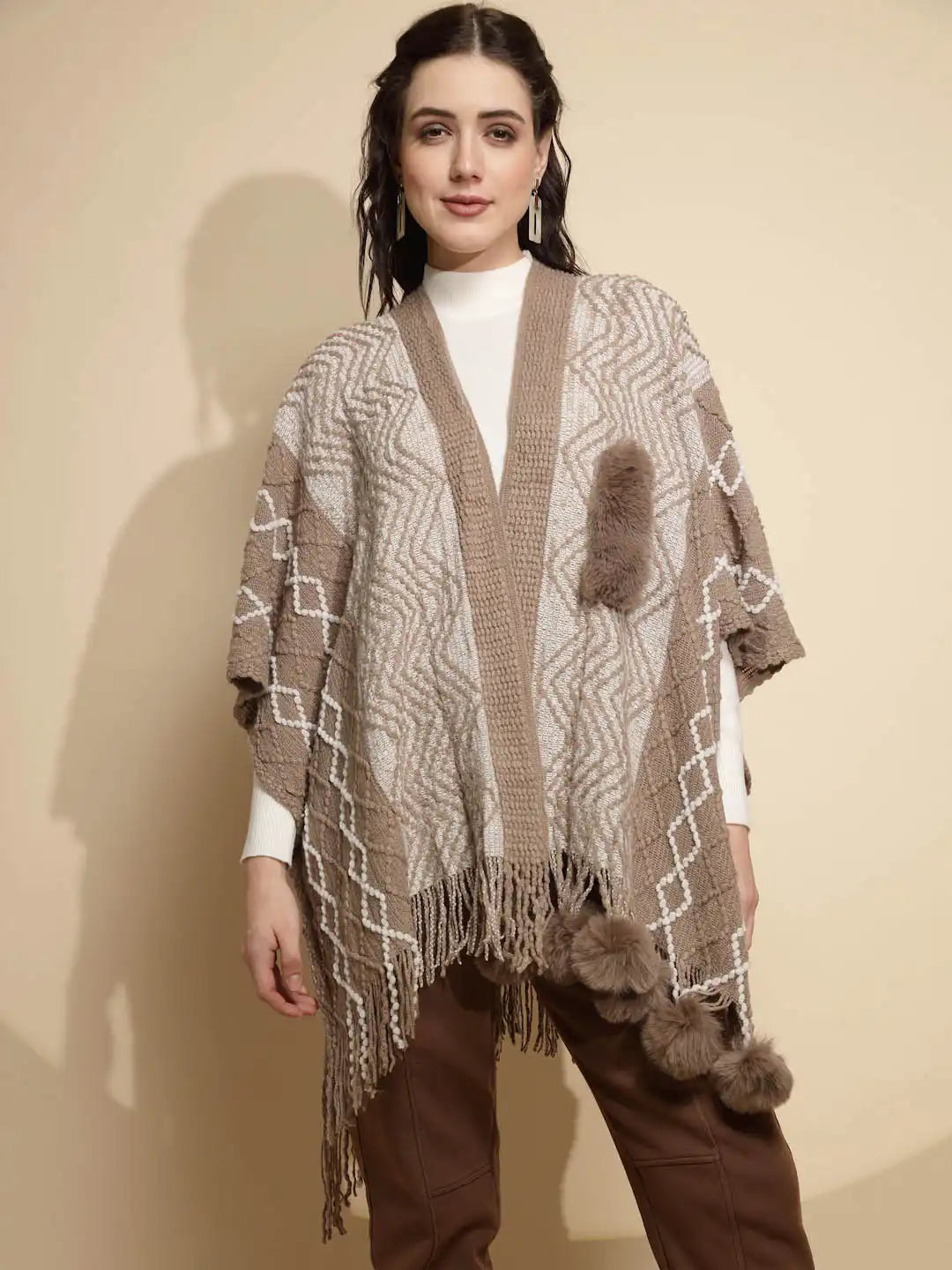 Checkered Acrylic Fur Balls Cape - Global Republic